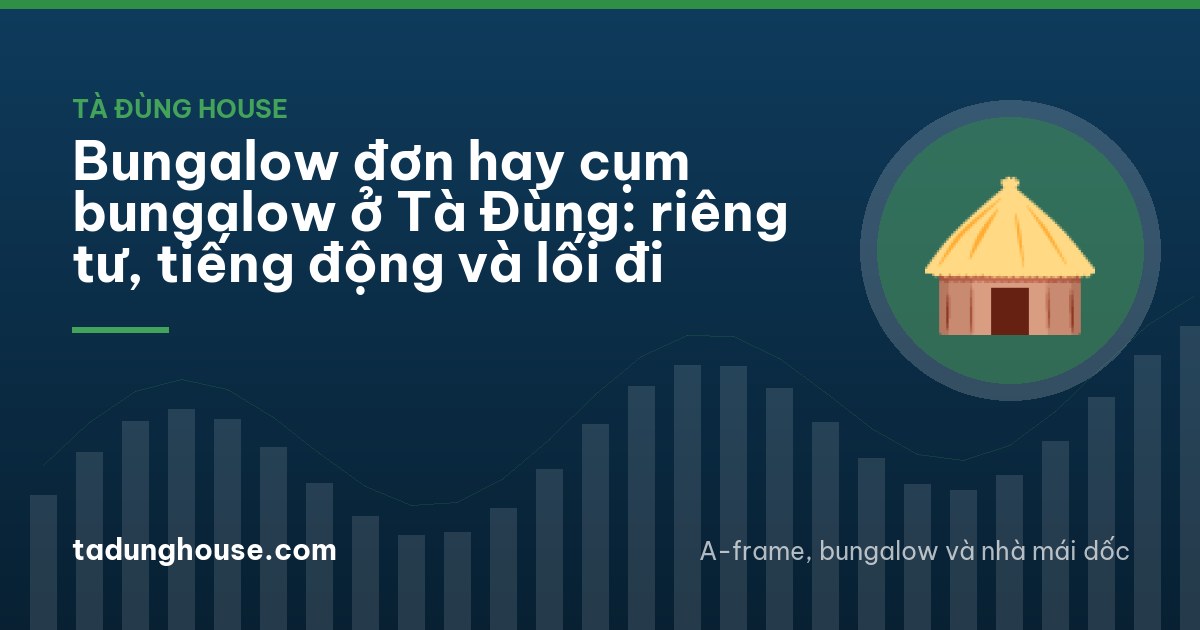 A cluster of small wooden bungalows with pitched roofs connected by stone paths across a green hillside, one separate bungalow standing alone further up the slope, misty morning